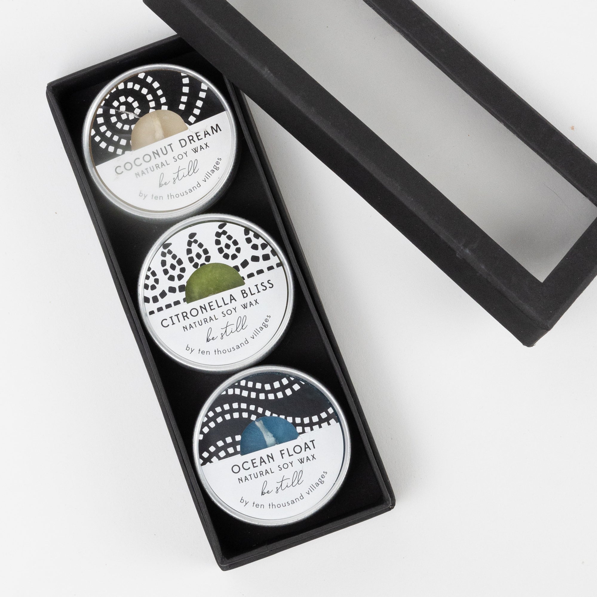 Candles in tins s/3 w/box 2D|6.5L multi/silv/blk