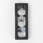 Candles in tins s/3 w/box 2D|6.5L multi/silv/blk