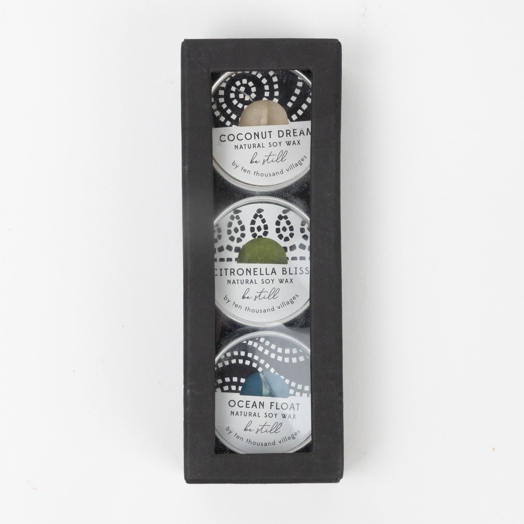Candles in tins s/3 w/box 2D|6.5L multi/silv/blk