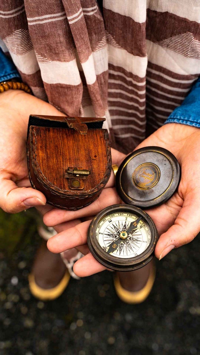 Compass pocket w/lthr case 2D brass/brown