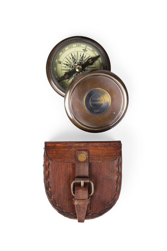 Compass pocket w/lthr case 2D brass/brown