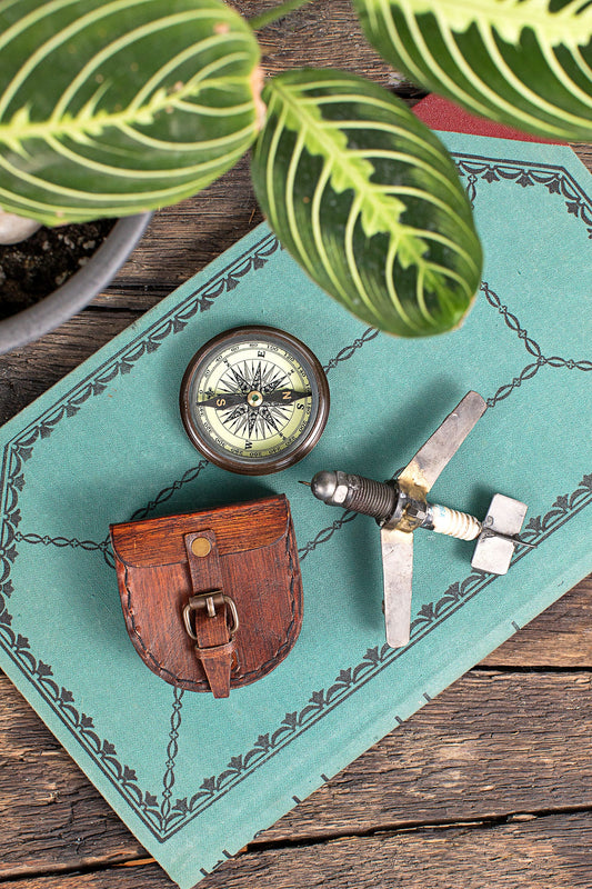 Compass pocket w/lthr case 2D brass/brown