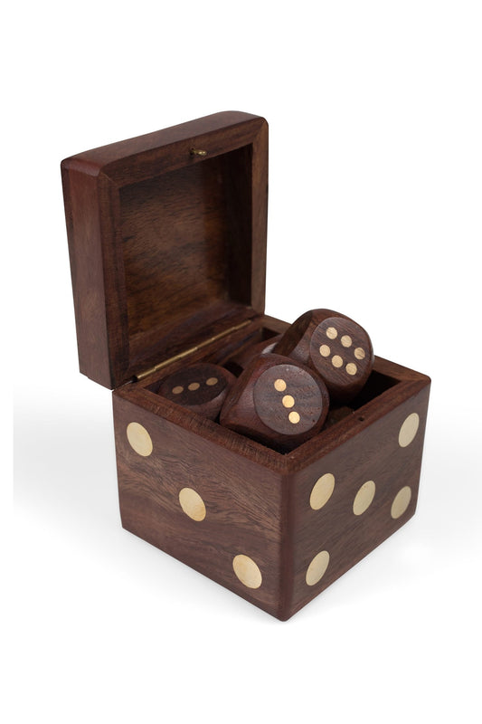 Dice in box set/6 M/3 sheesham wood/brass 2.5sq