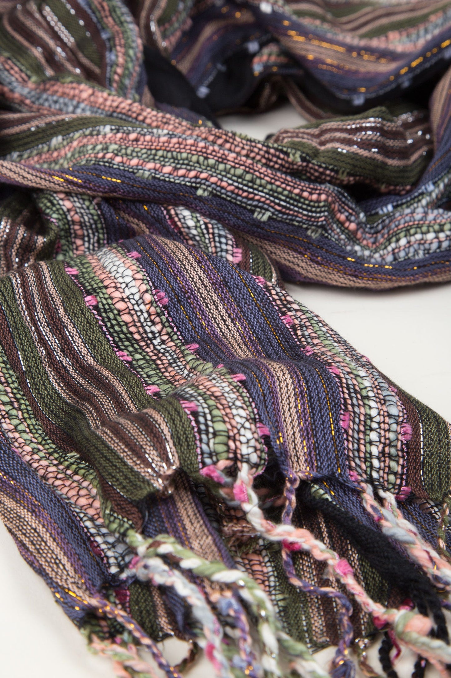 Scarf rough weave viscose 70x19 green/navy/pink