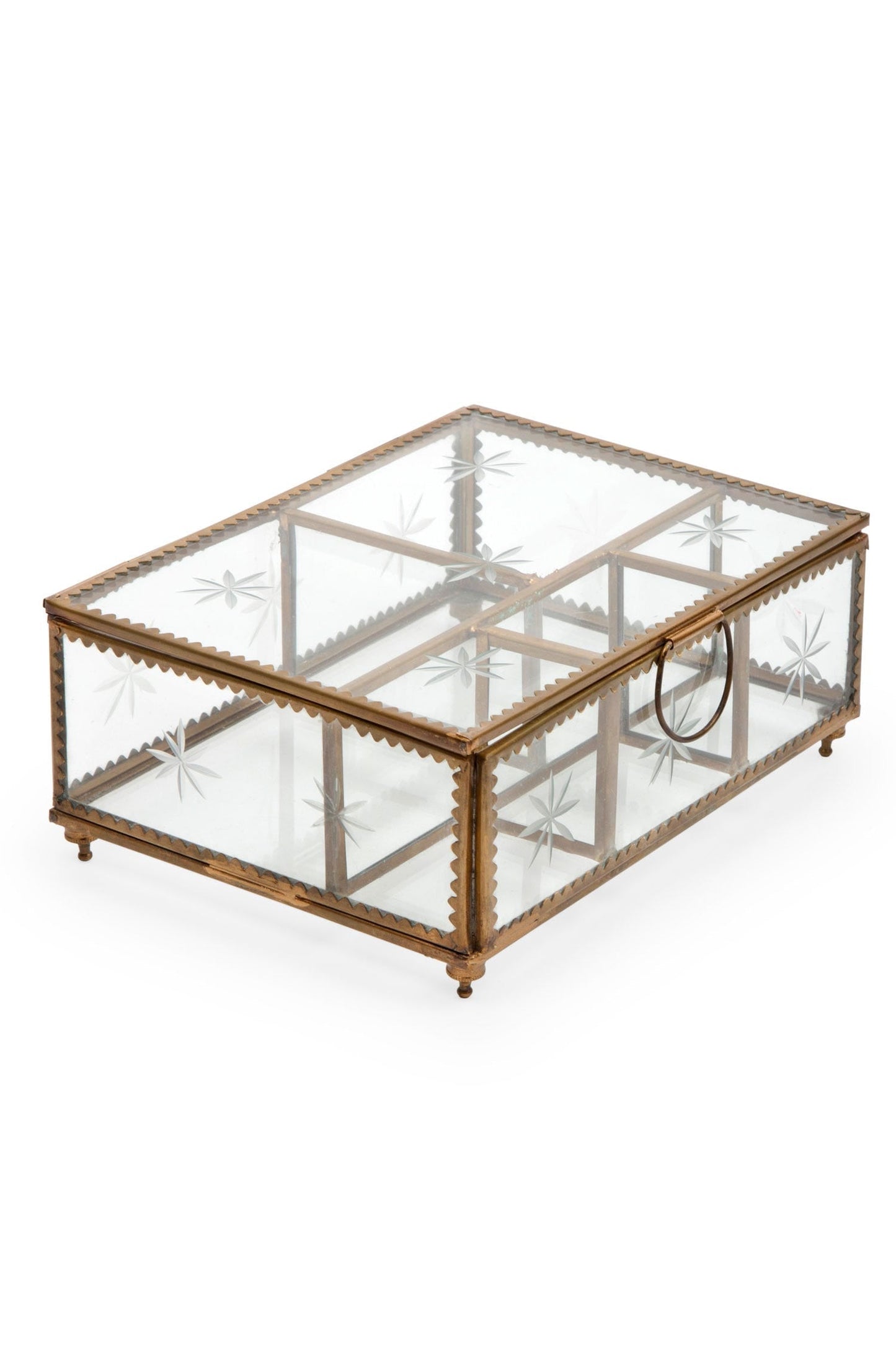 Jewelry box etched glass 7Lx5W brass color