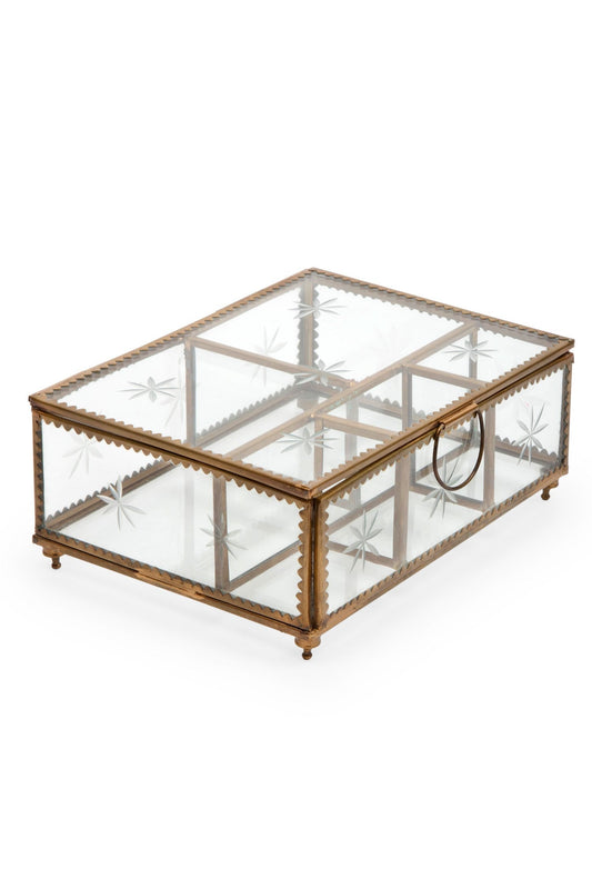 Jewelry box etched glass 7Lx5W brass color