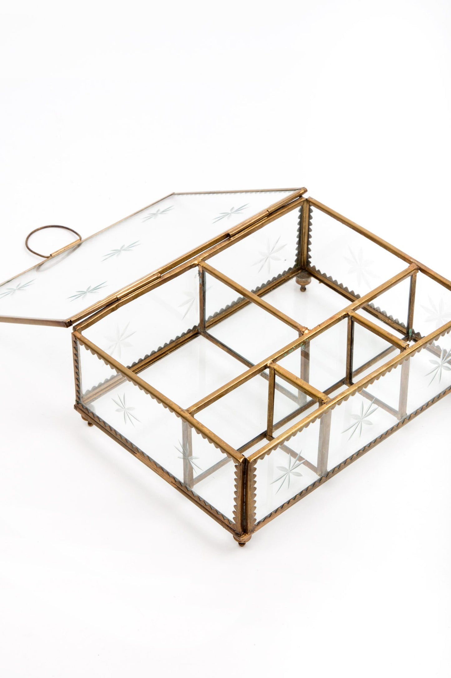 Jewelry box etched glass 7Lx5W brass color