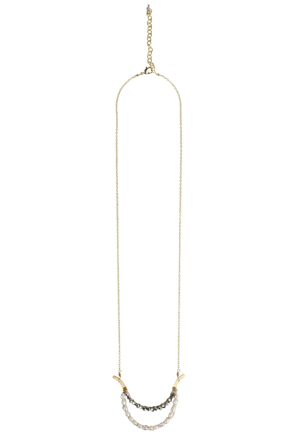 Necklace double U pend pearl/brass 24L gold color
