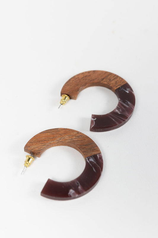 Earrings post 2 toned hoop wd/resin 1.75D brn/brg