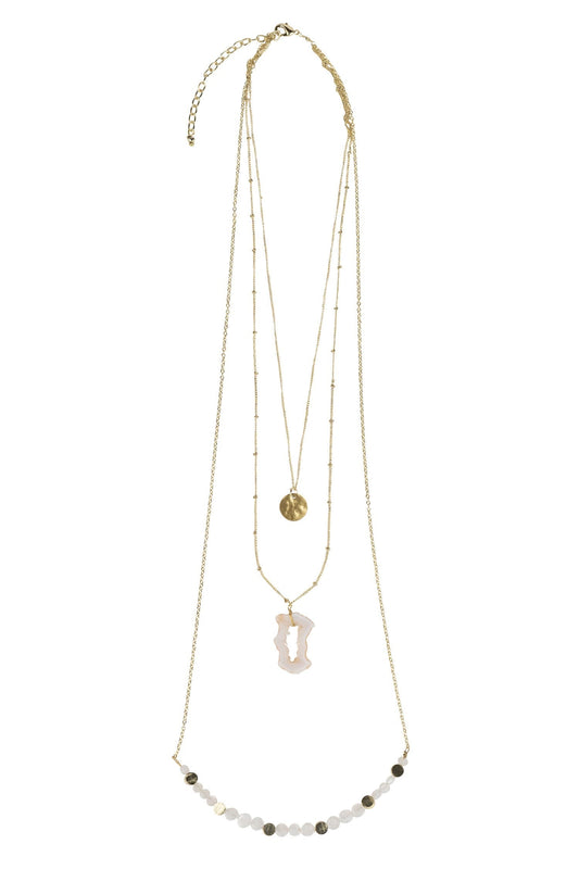 Necklace 3 layers brass/stones 20L gold/white