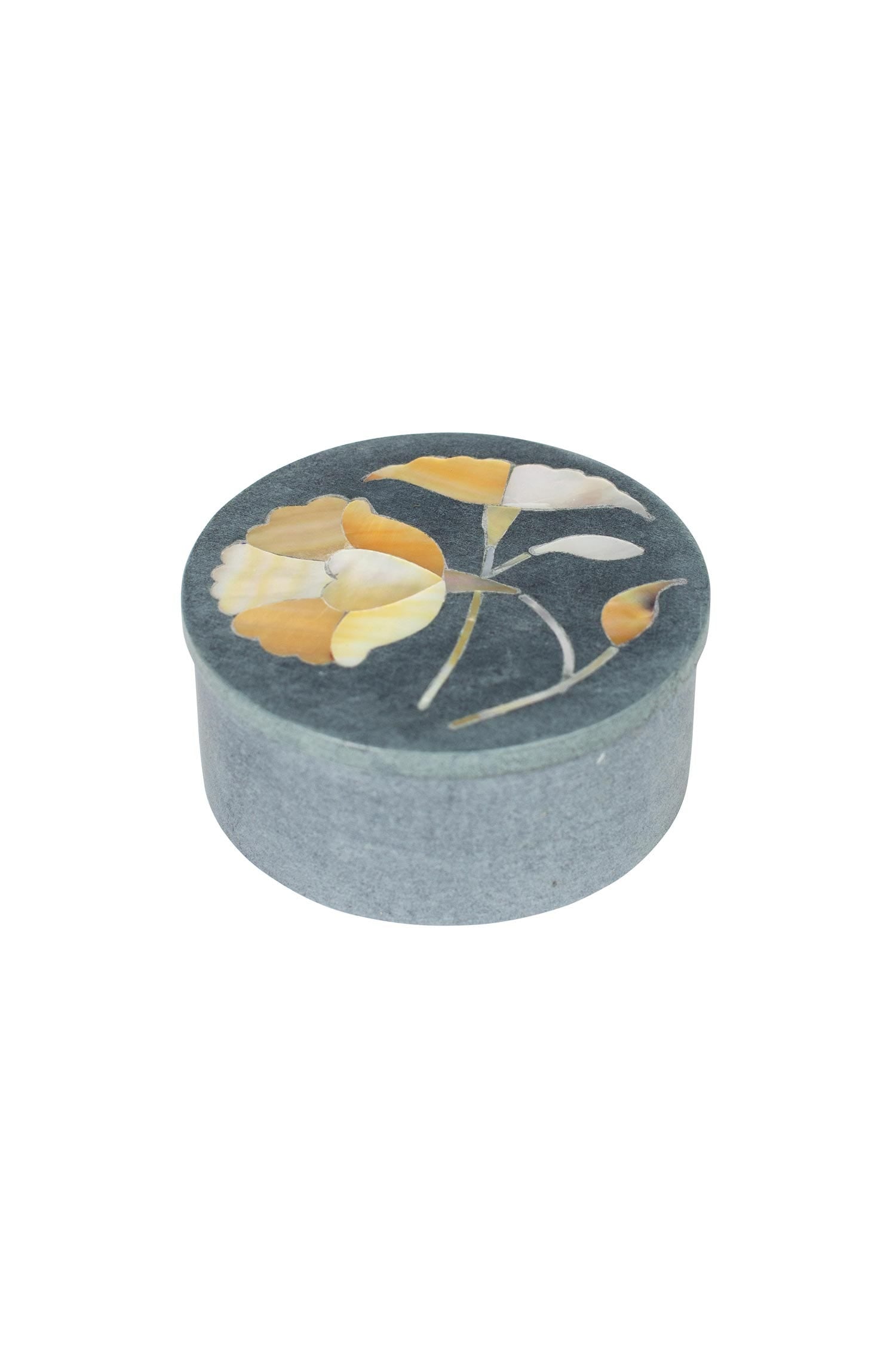 Box floral inlay stone/MOP 3Dx1.5H gray/tan/crm