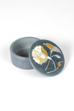 Box floral inlay stone/MOP 3Dx1.5H gray/tan/crm