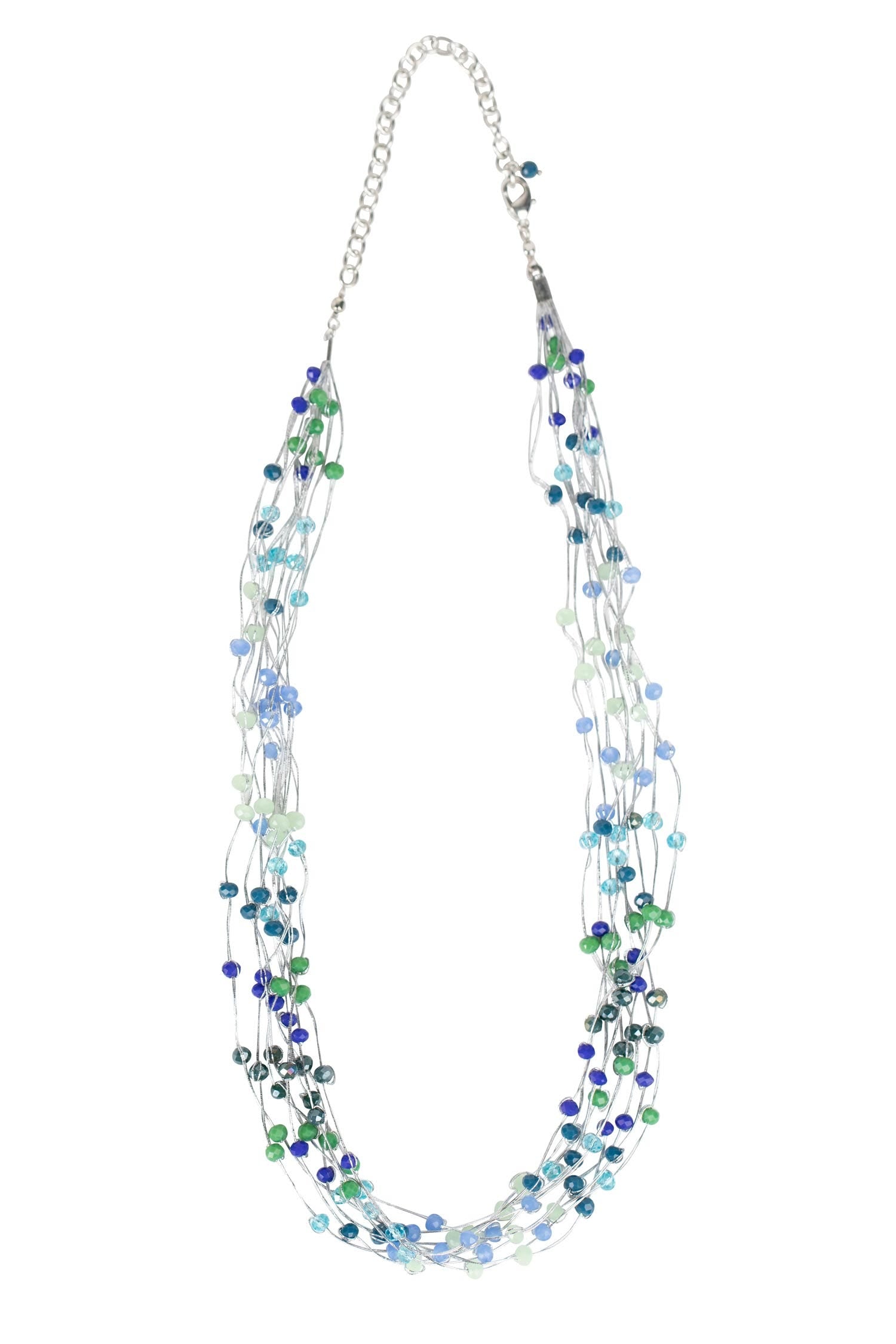 Necklace multistrand mini beads/thread 20L blu/grn