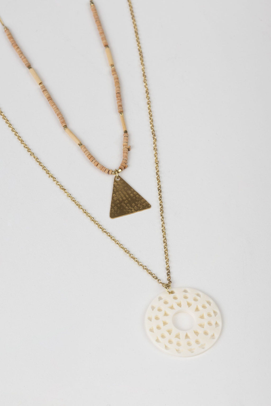 Necklace pale sun w/pend bone/wd/br 26L gld/brn