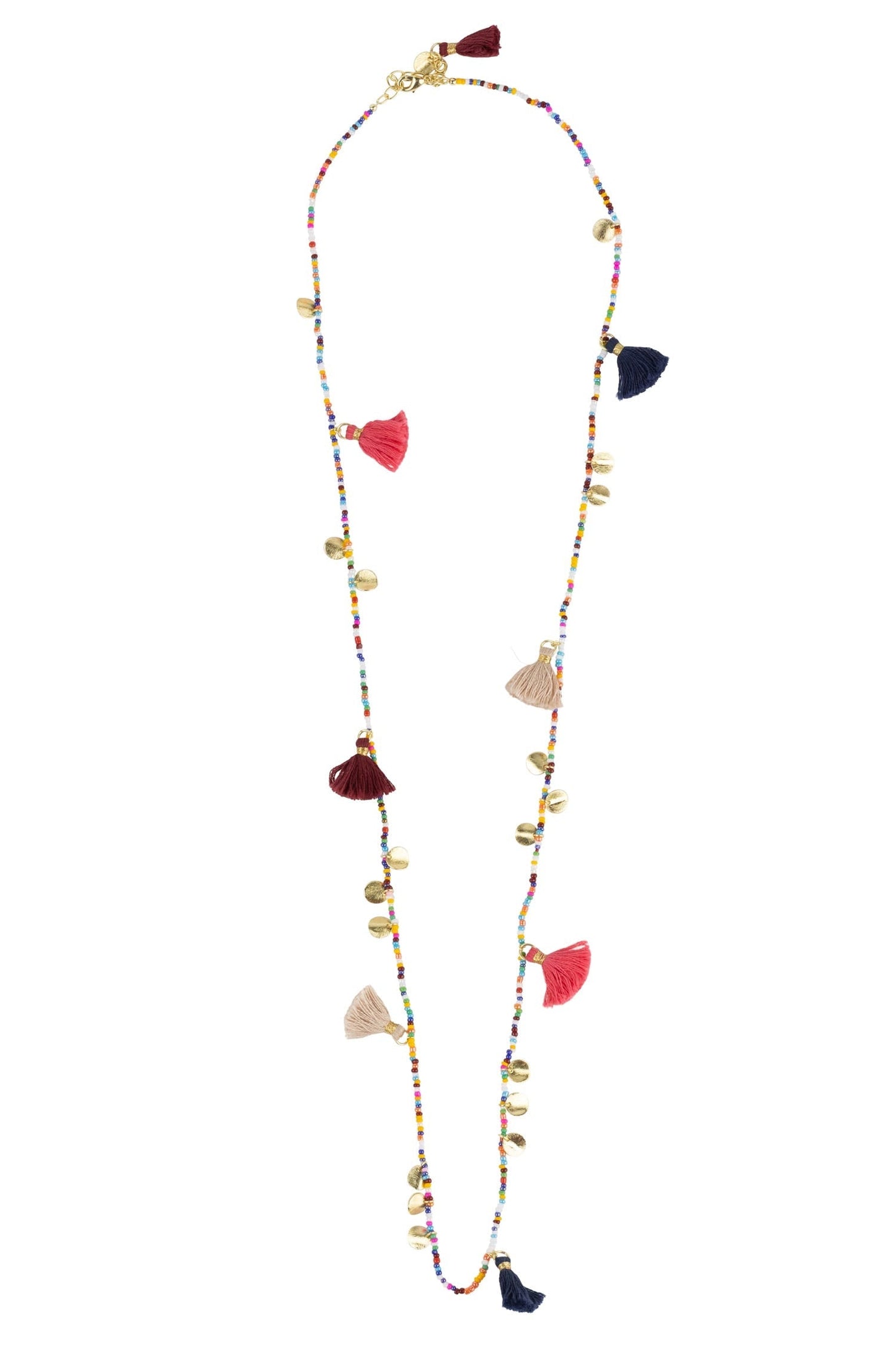 Necklace bead/disc/tassels glass/string 34L multi