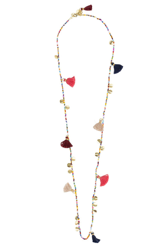 Necklace bead/disc/tassels glass/string 34L multi