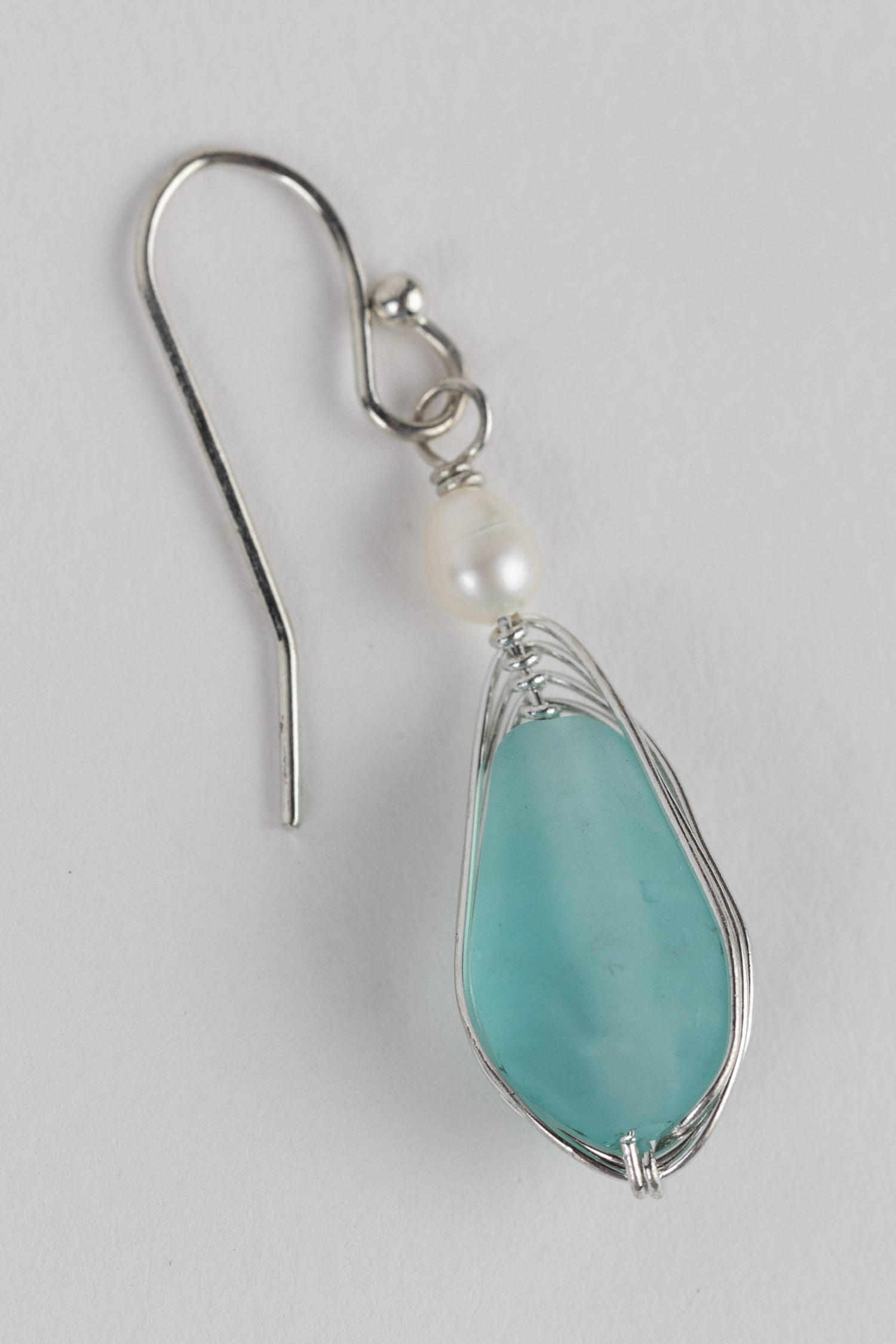Earrings wrapped glass/pearl 1.5L aqua/silv