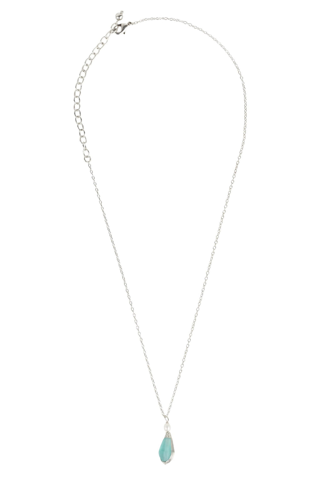 Necklace wrapped pend glass/pearl 17L aqua/silv