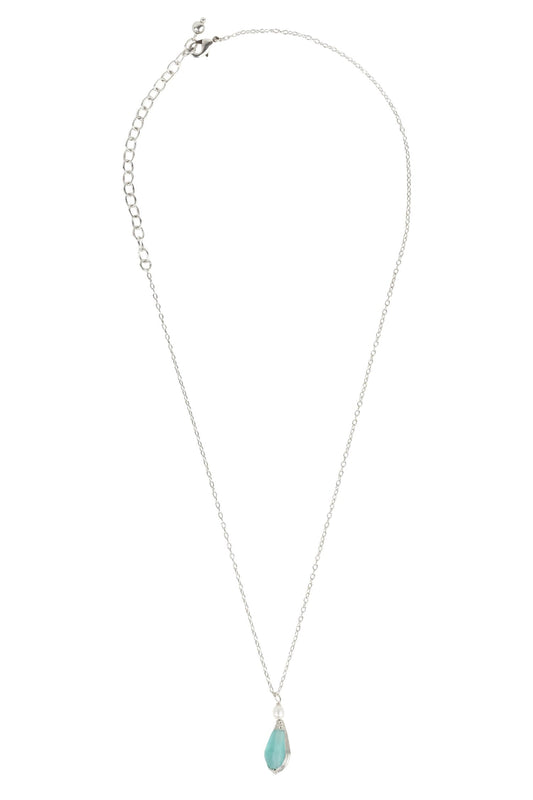 Necklace wrapped pend glass/pearl 17L aqua/silv