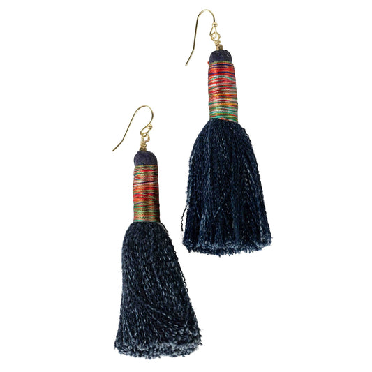 Earrings tassel denim/thread 3L navy/multi