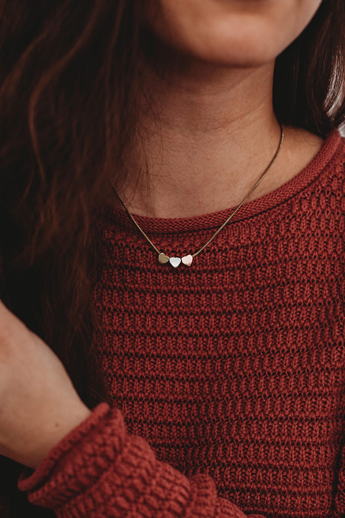 Necklace 3 hearts/chain 15L gld/cppr