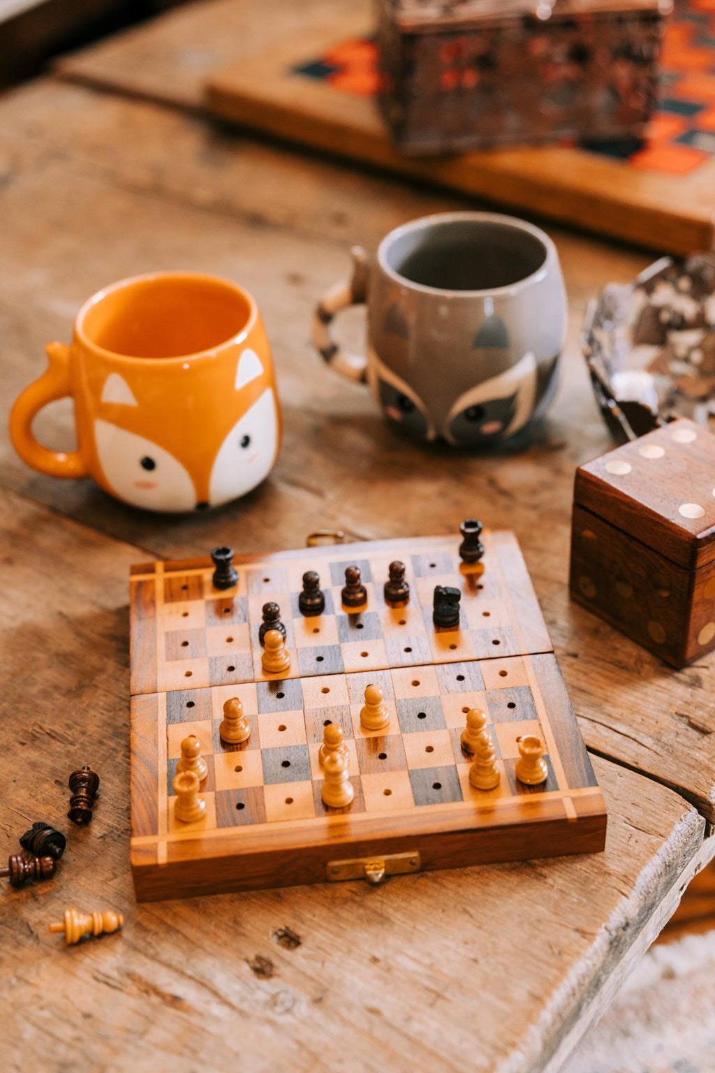 Chess set travel sheesham wood 6sq tan/brn