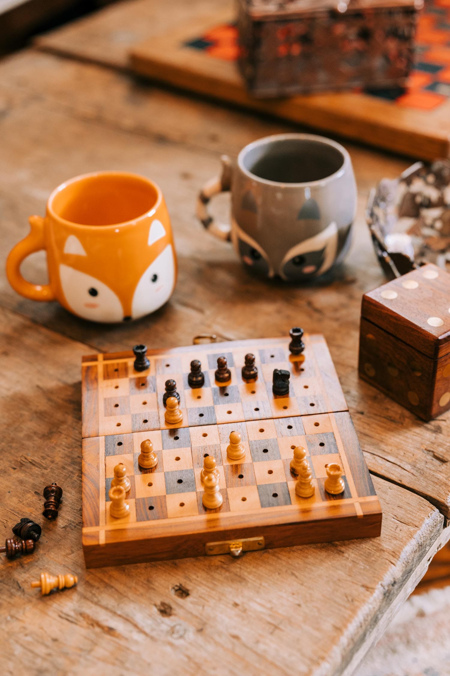 Chess set travel sheesham wood 6sq tan/brn
