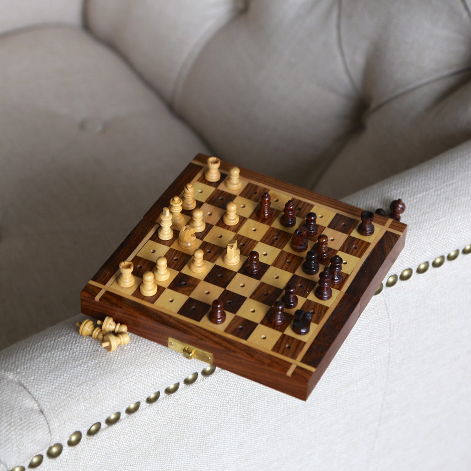 Chess set travel sheesham wood 6sq tan/brn