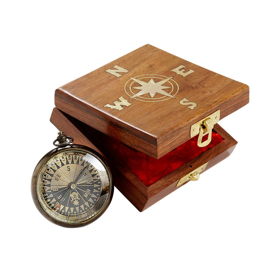 Compass w/box sheesham wd/mtl 4sq brn/gld