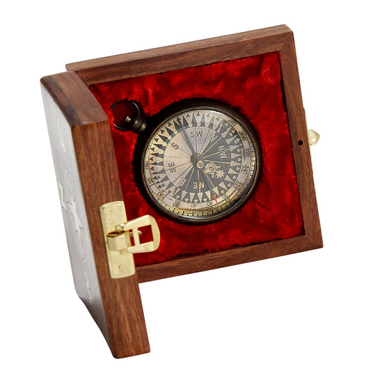 Compass w/box sheesham wd/mtl 4sq brn/gld