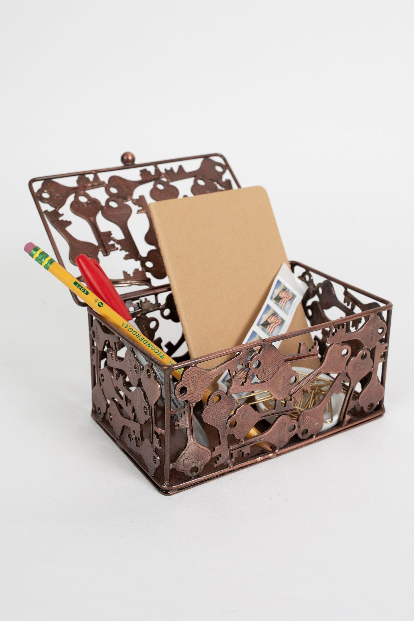 Box keys hinged lid metal 6Lx4Wx3H bronze