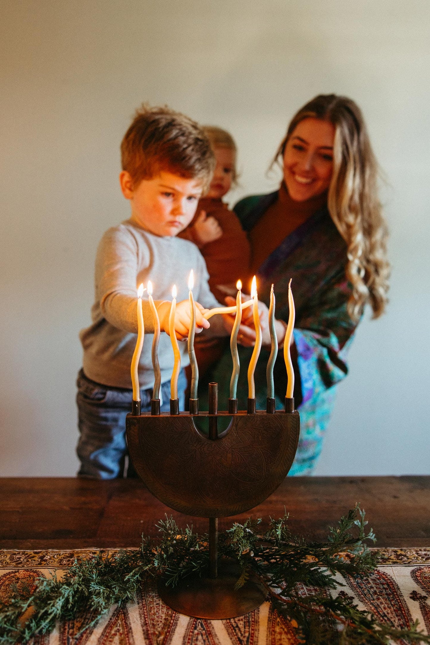 Menorah engraved iron 9Wx11H antiqued copper color