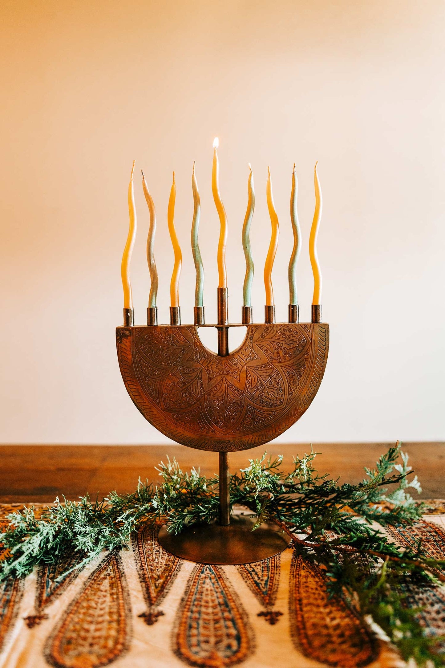 Menorah engraved iron 9Wx11H antiqued copper color