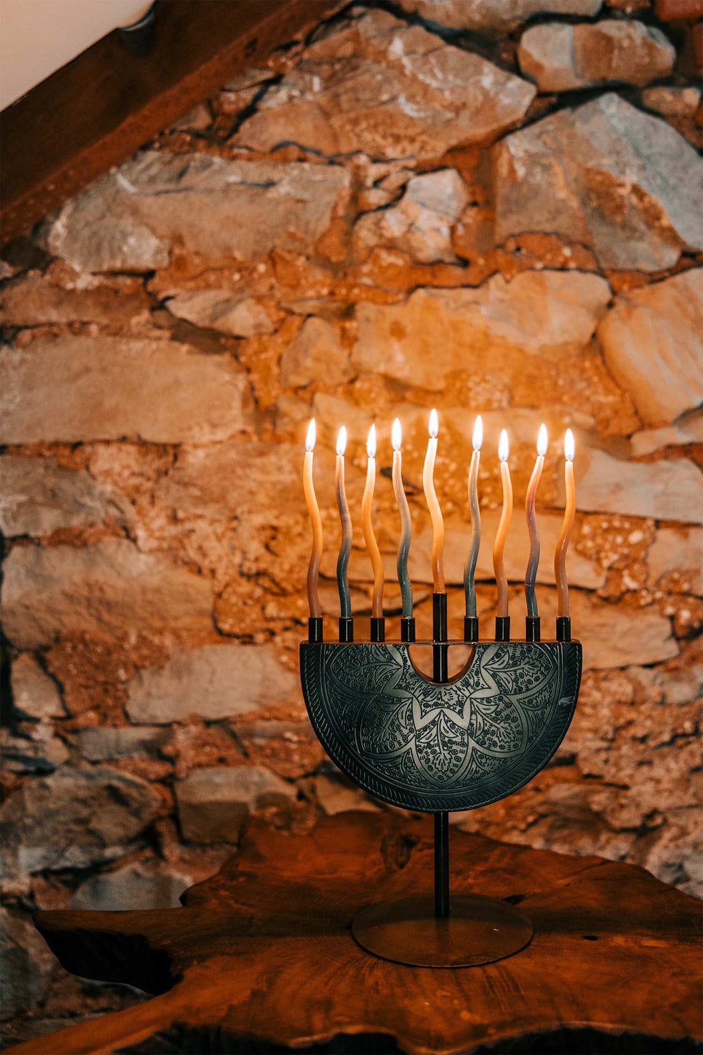 Menorah engraved iron 9Wx11H antiqued copper color