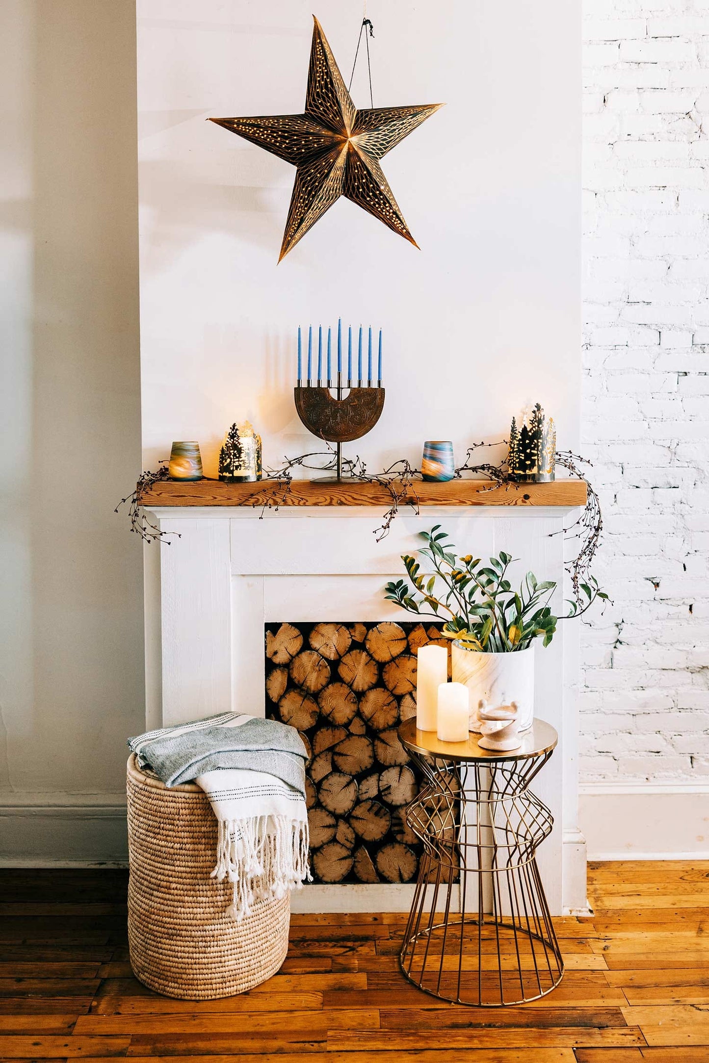 Menorah engraved iron 9Wx11H antiqued copper color