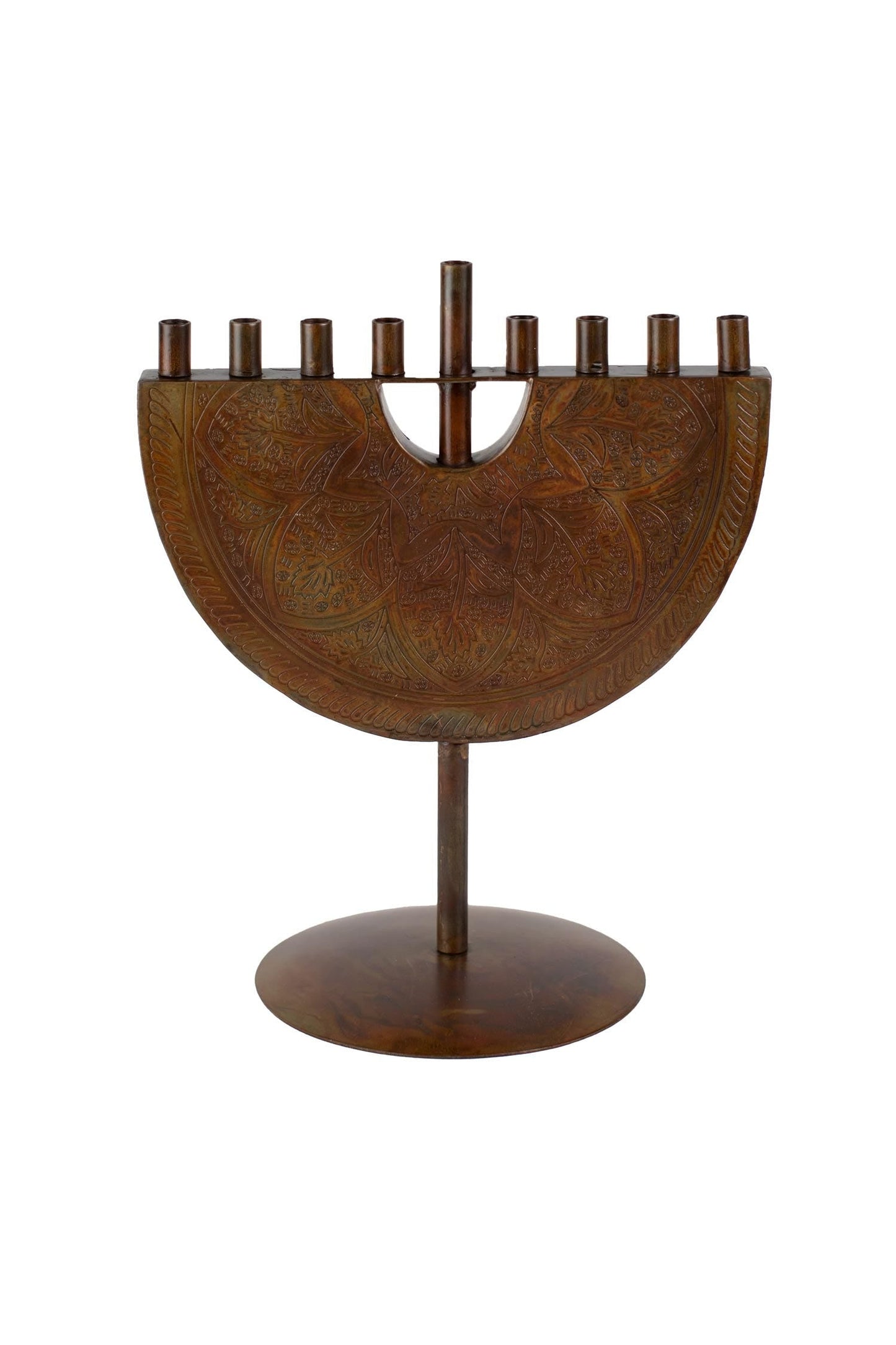 Menorah engraved iron 9Wx11H antiqued copper color