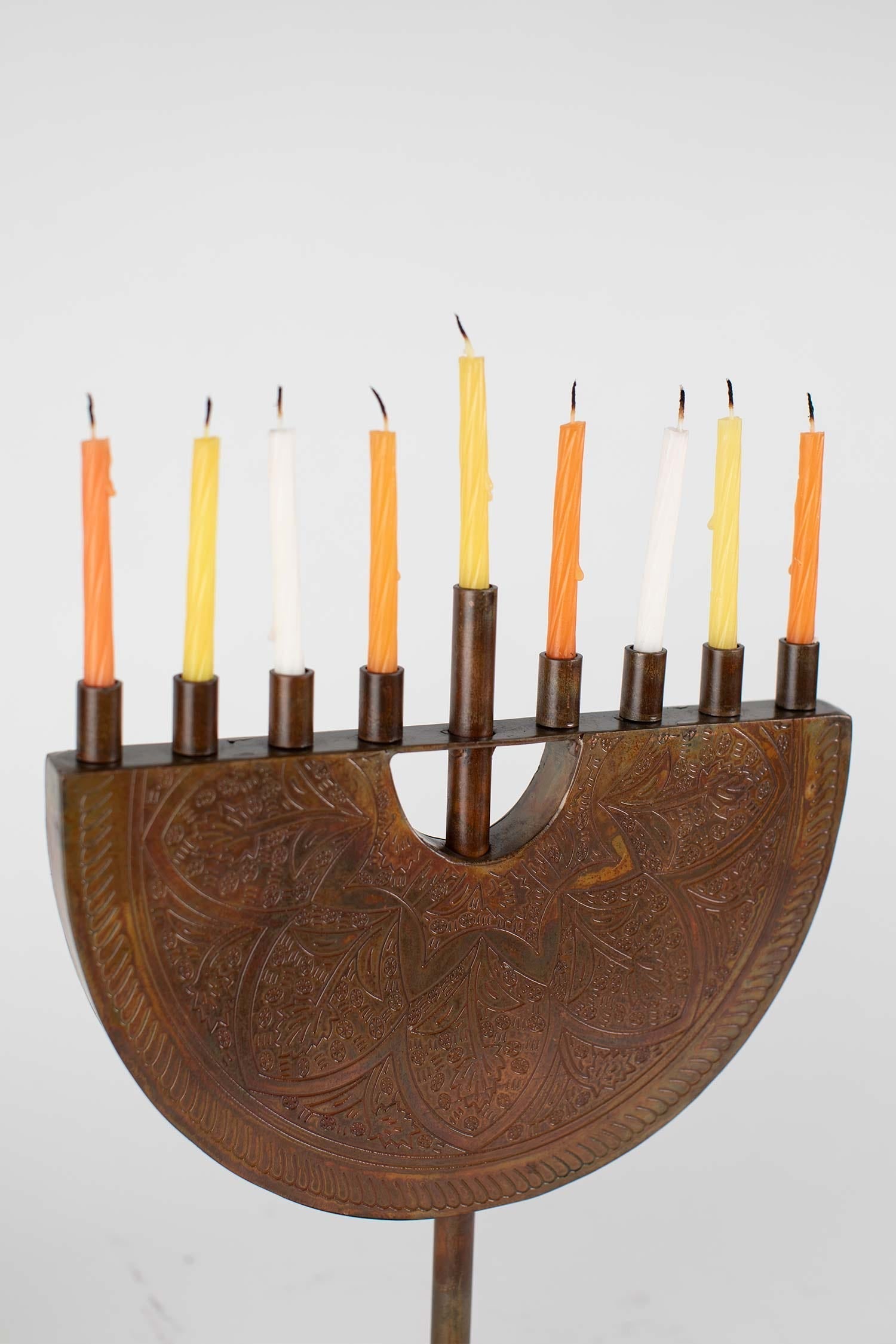 Menorah engraved iron 9Wx11H antiqued copper color