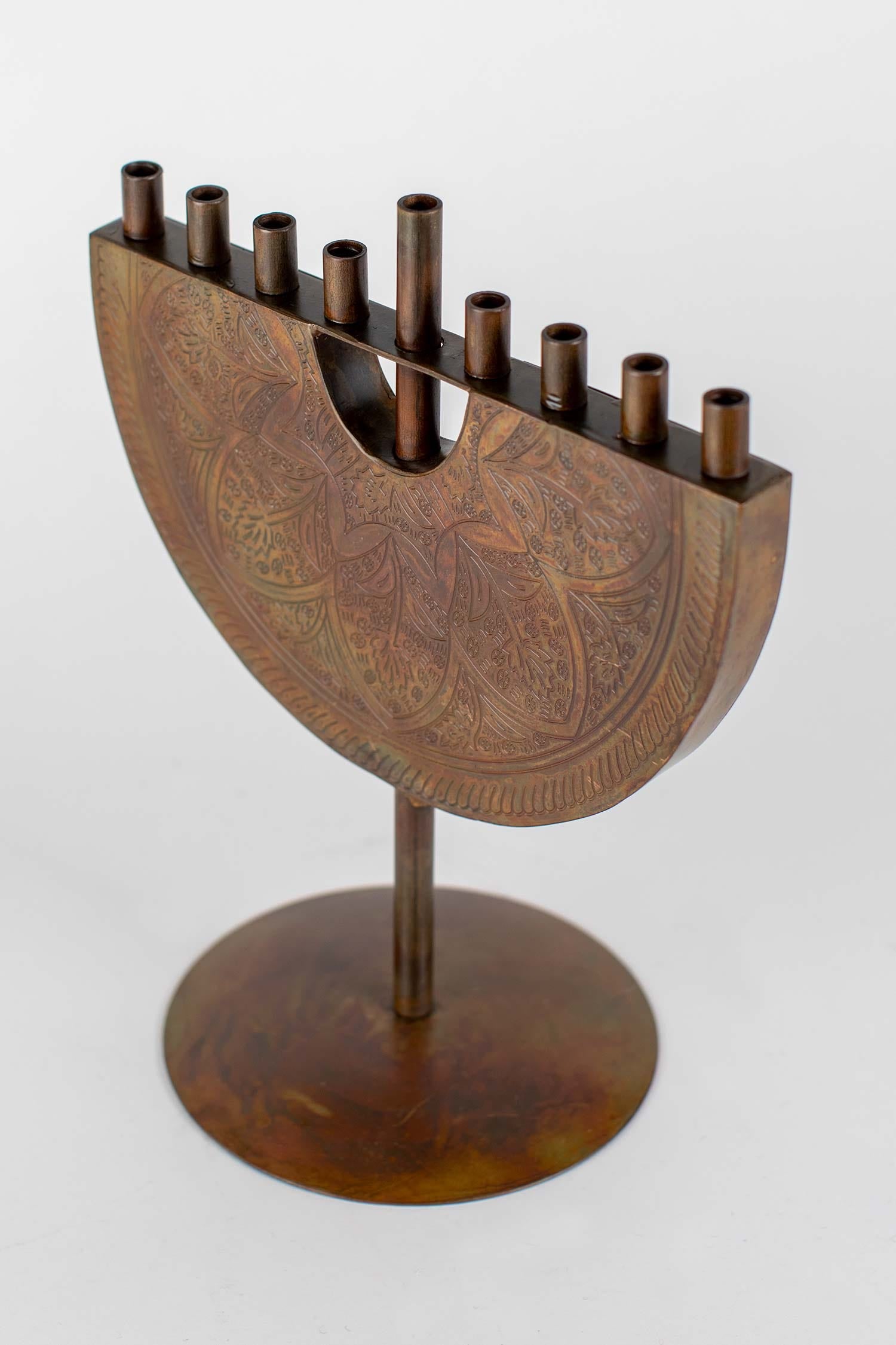 Menorah engraved iron 9Wx11H antiqued copper color