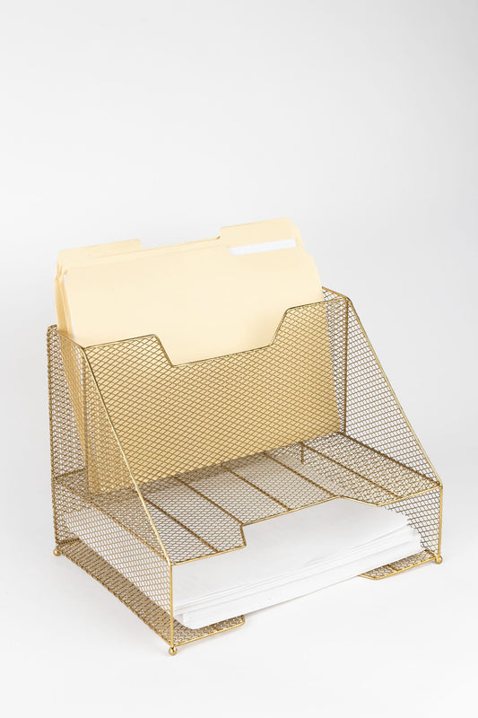 Desk organizer filess iron 12.5Lx9.5Wx9.5H brass