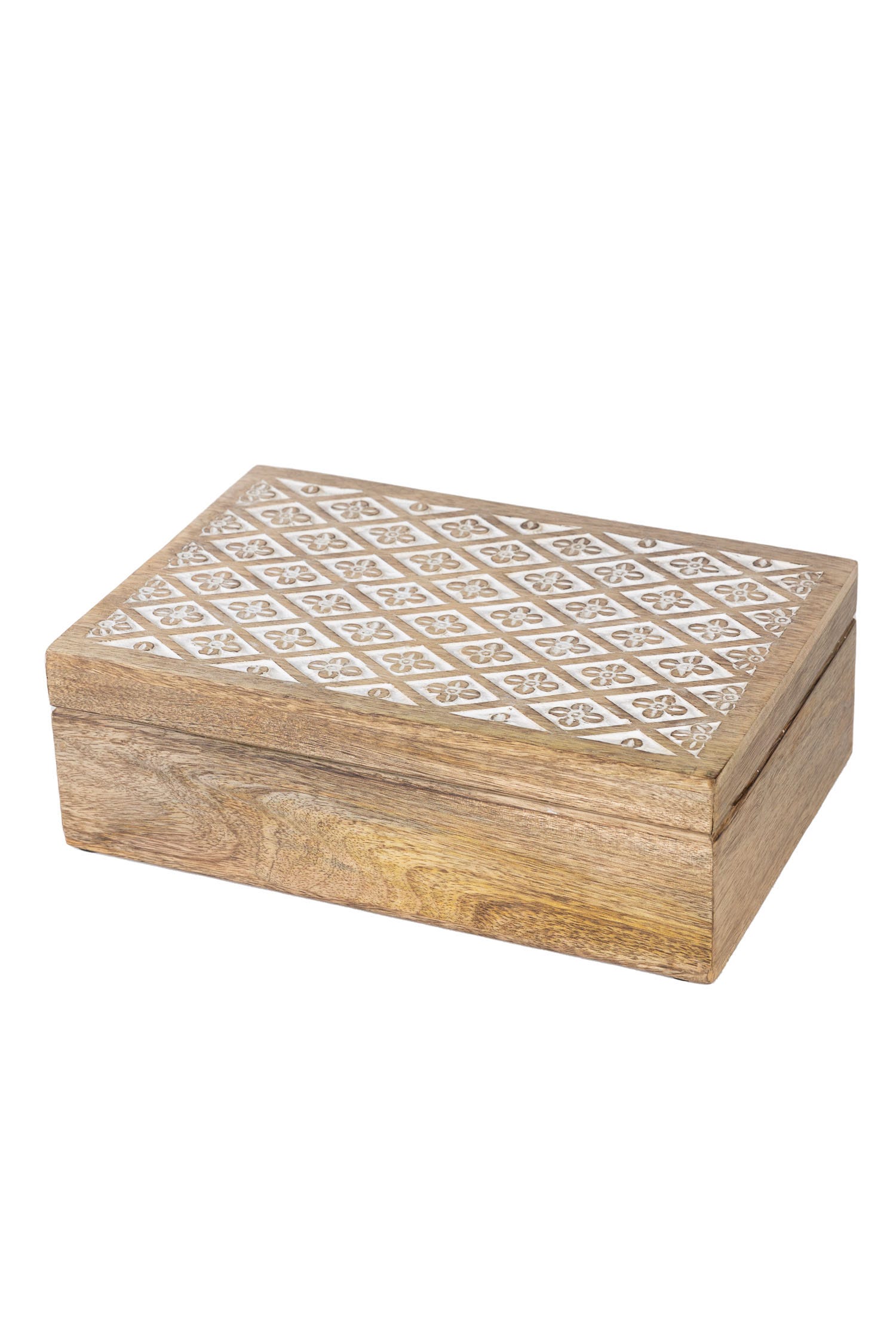 Box f/tea diamond/floral mango wood 12x8x4 brn