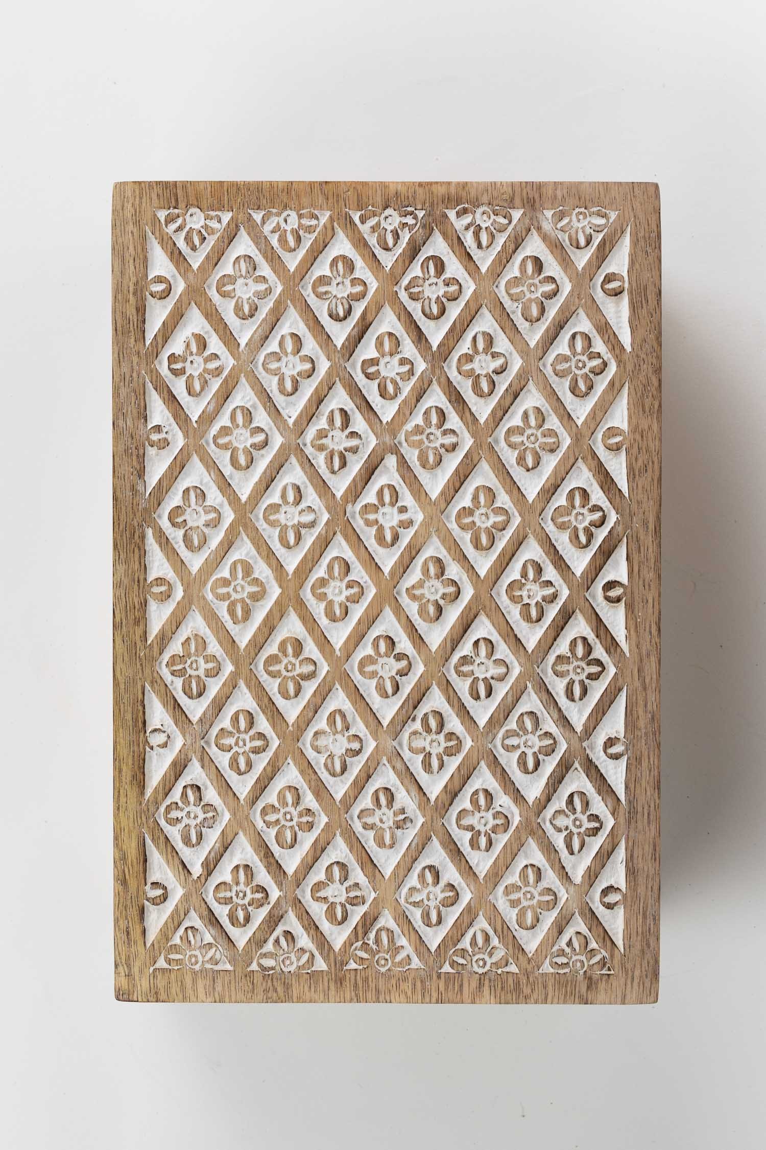 Box f/tea diamond/floral mango wood 12x8x4 brn