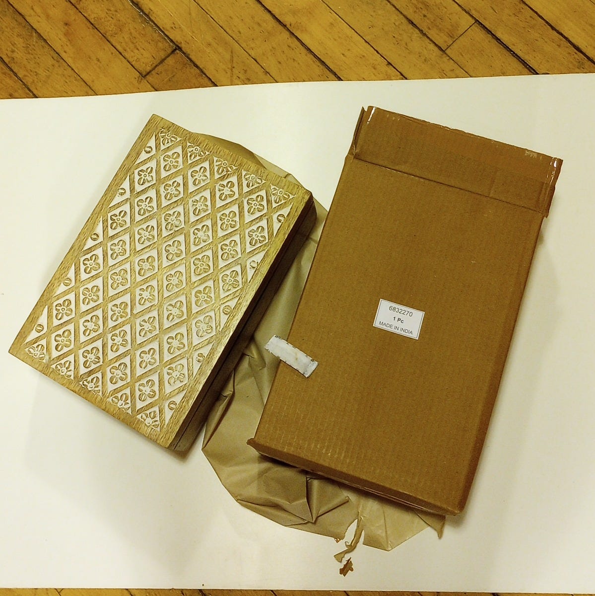 Box f/tea diamond/floral mango wood 12x8x4 brn