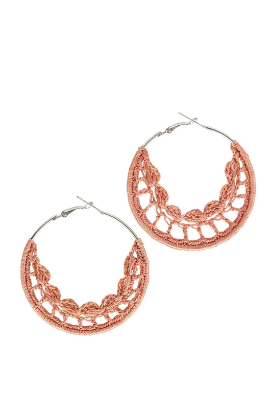 Earrings hoop crochet silk thread/iron 2.25L coral