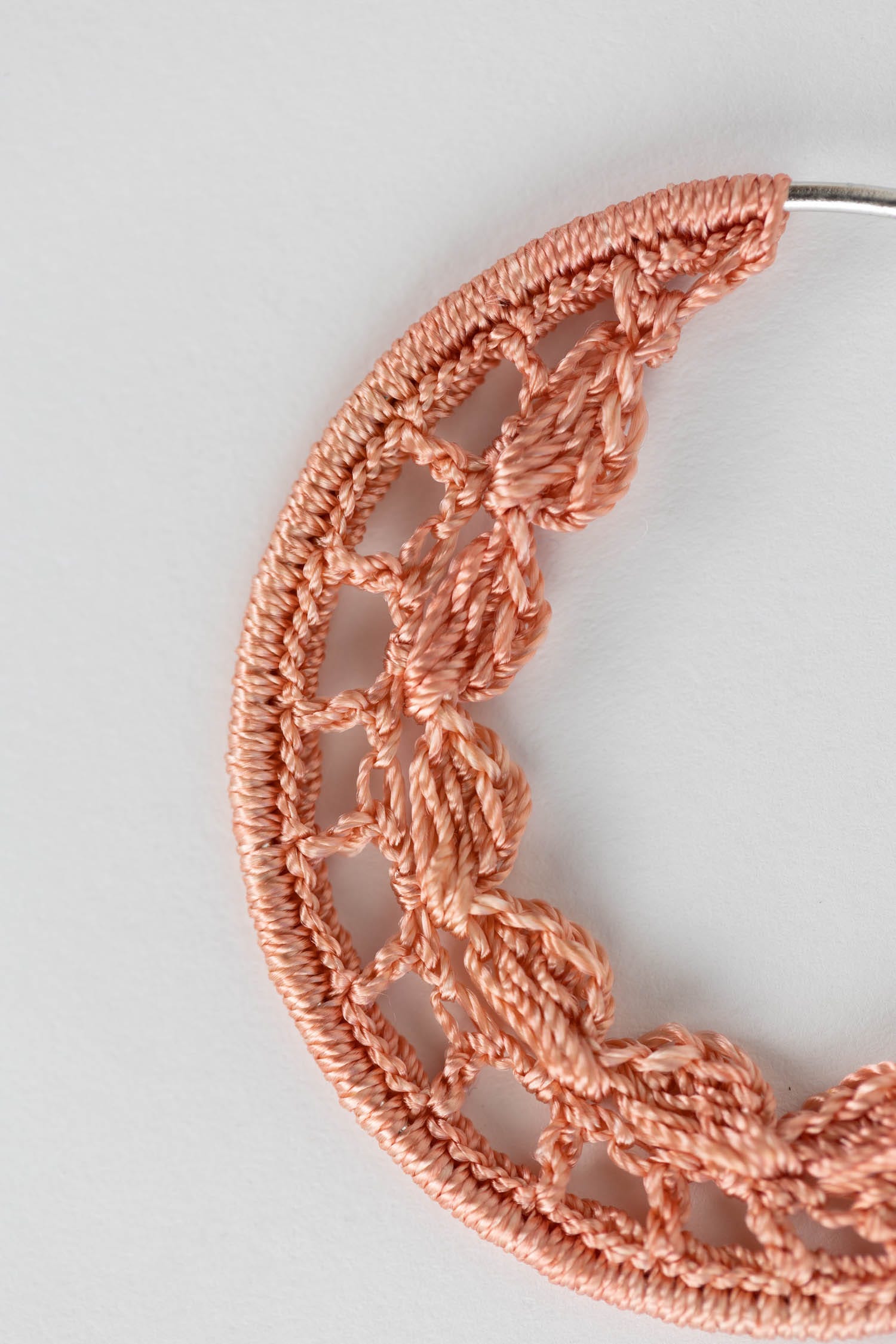Earrings hoop crochet silk thread/iron 2.25L coral