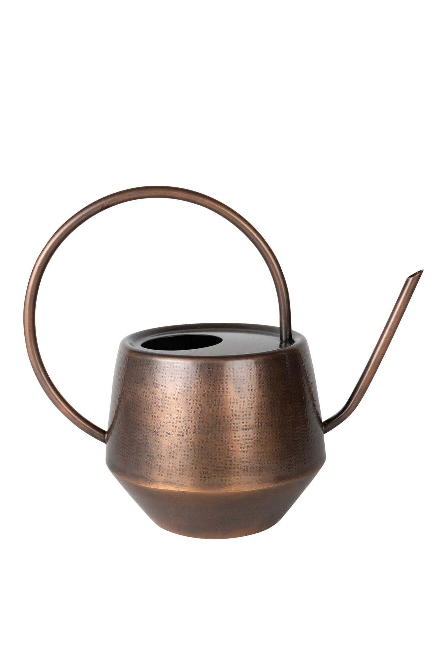 Watering can hammered iron 12.5Lx10.25H antq cppr