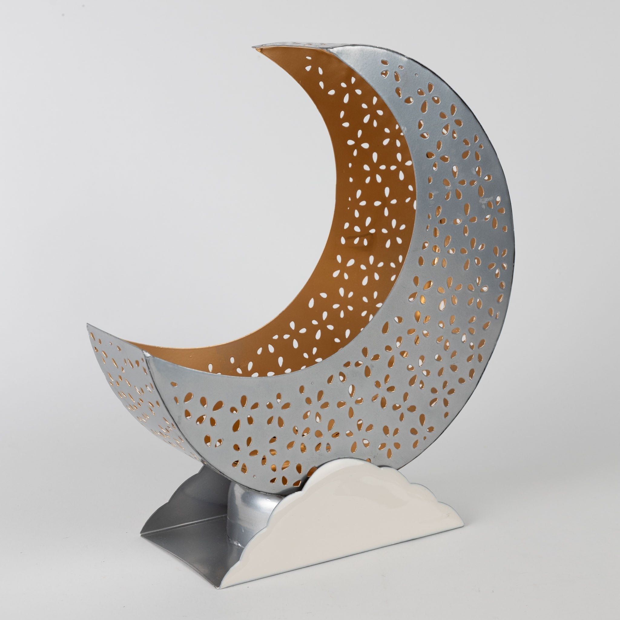 Candleholder crescent moon iron 10.5H silv/wht/gld
