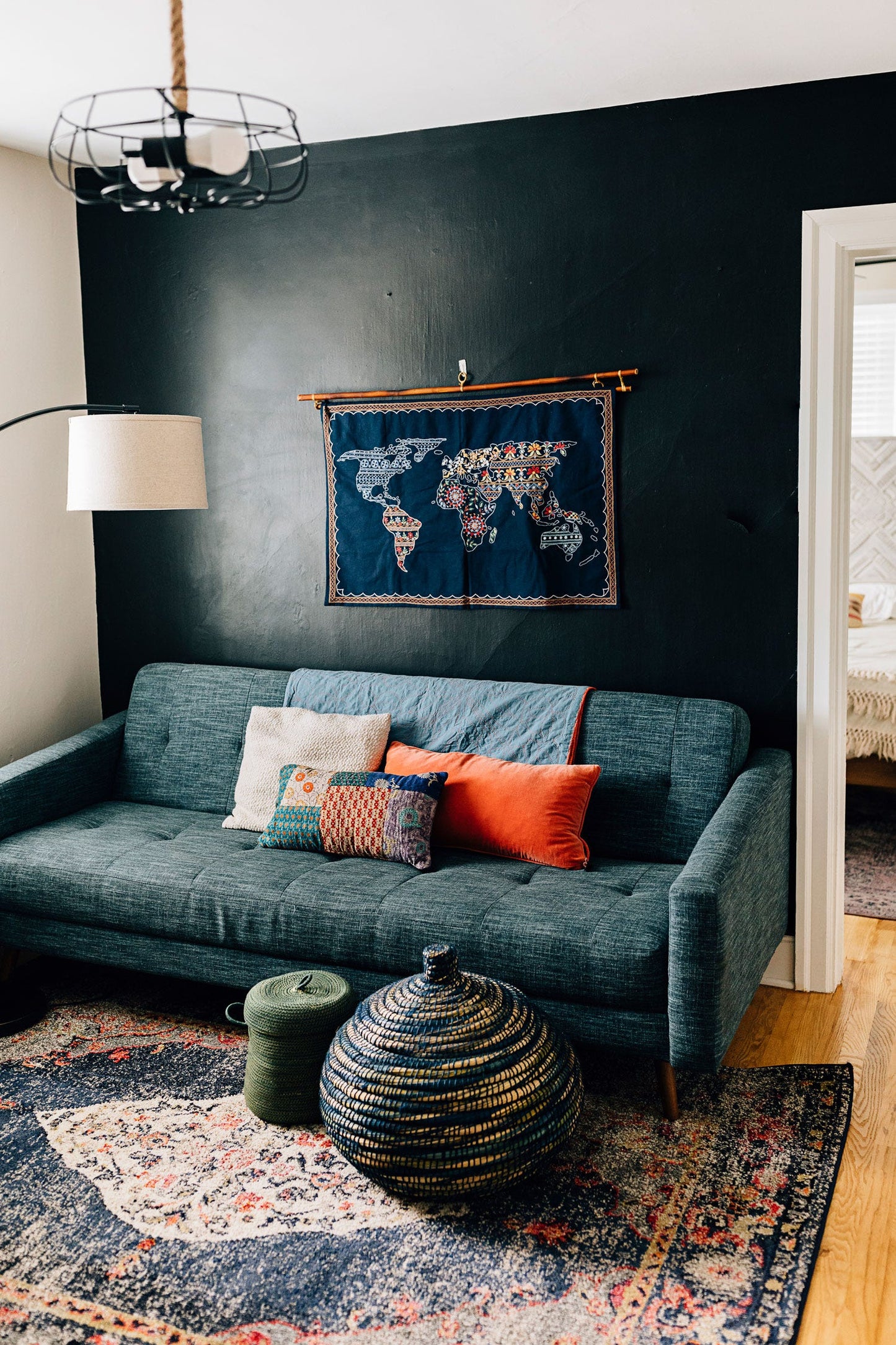 Wall hanging map emb cotton 36Wx24 navy/multi