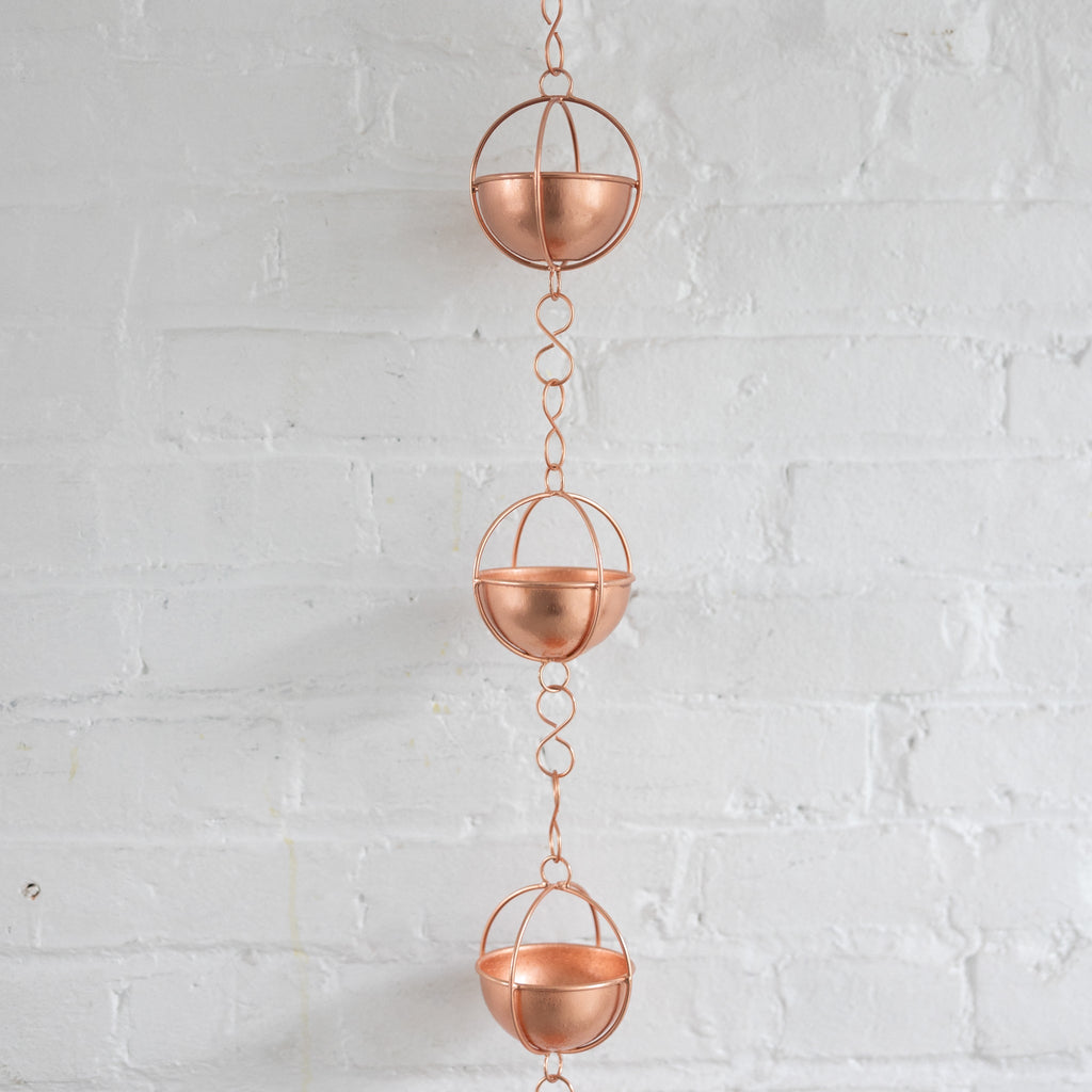 Rain chain w/11 round cups iron 7ft L copper