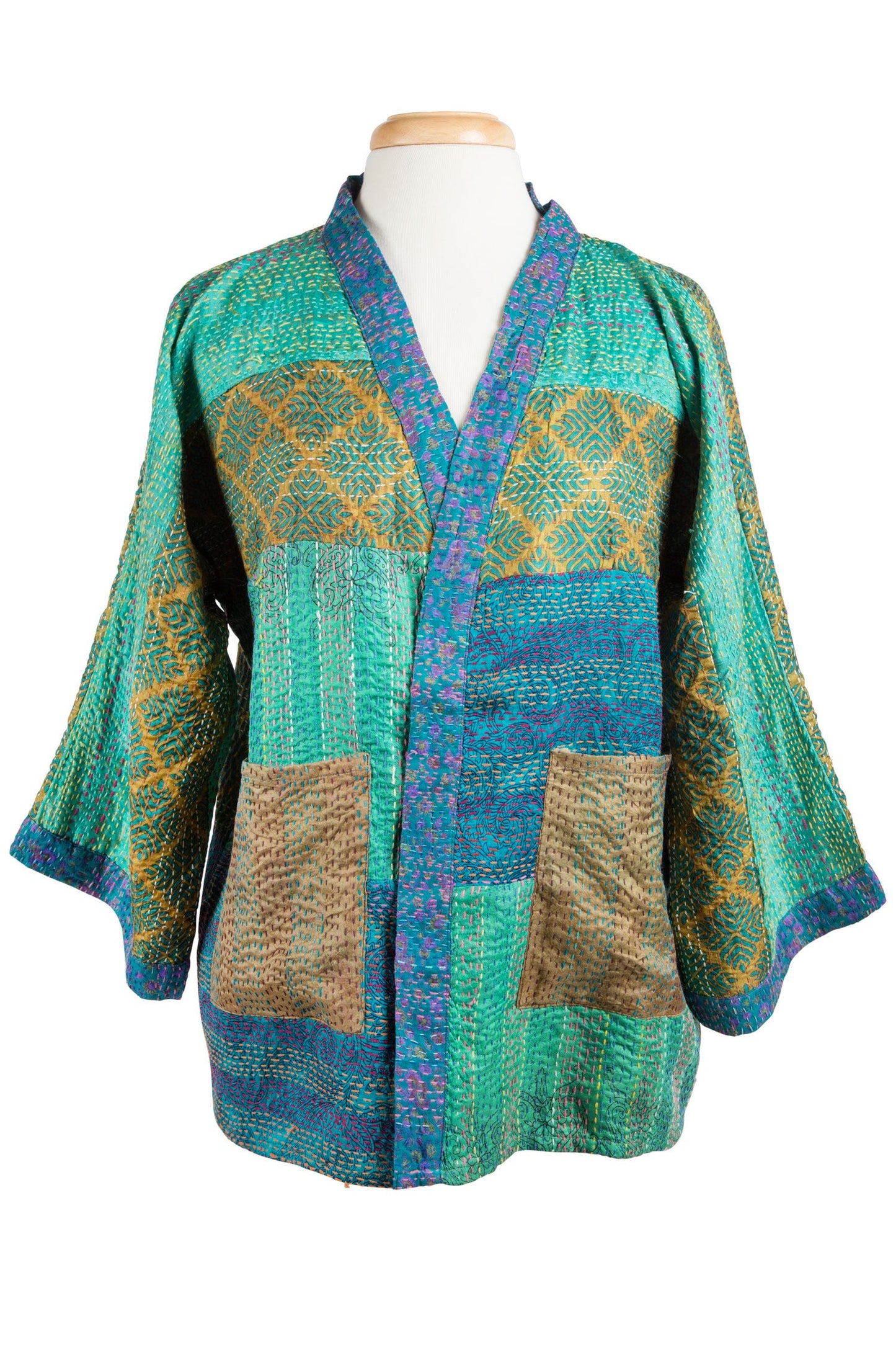 Kimono stitched upcycled sari 26L teal/green/multi