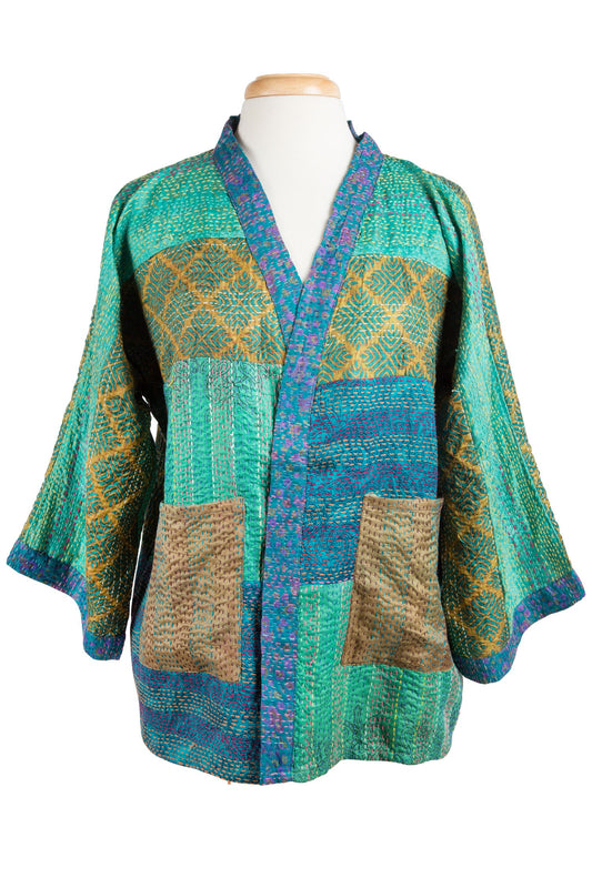 Kimono stitched upcycled sari 26L teal/green/multi